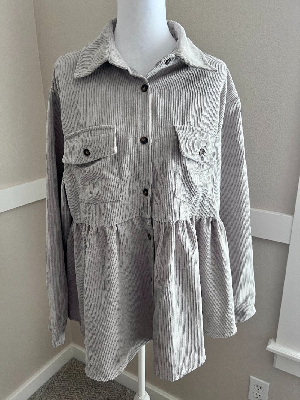 Emery Rose Grey Corduroy Peplum Babydoll Shacket - Size L